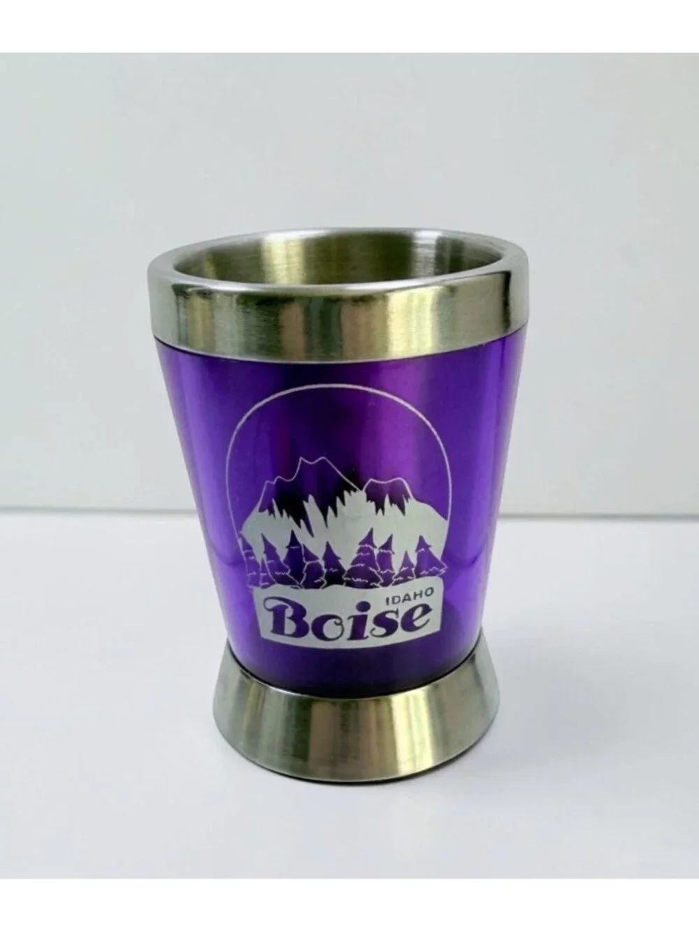 Boise Idaho Shot Glass Stainless Steel Mountain Trees Purple Souvenir Barware